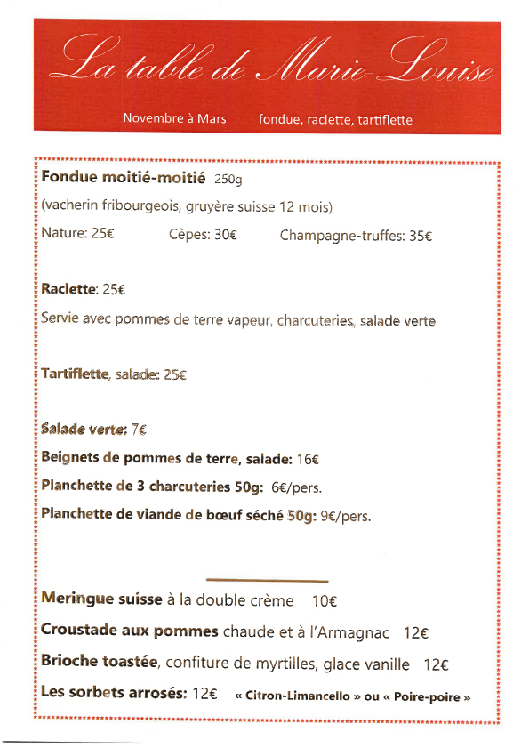 carte bar ÃƒÆ’  fondue - Auberge de Maison Rouge